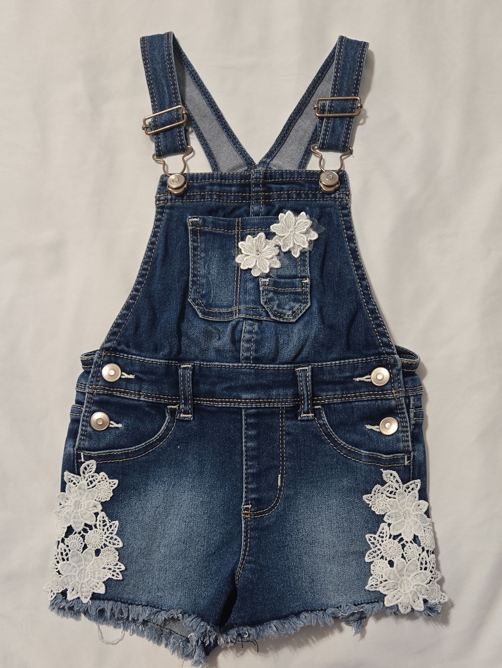 Wonder nation denim overall shorts with crochet flowers